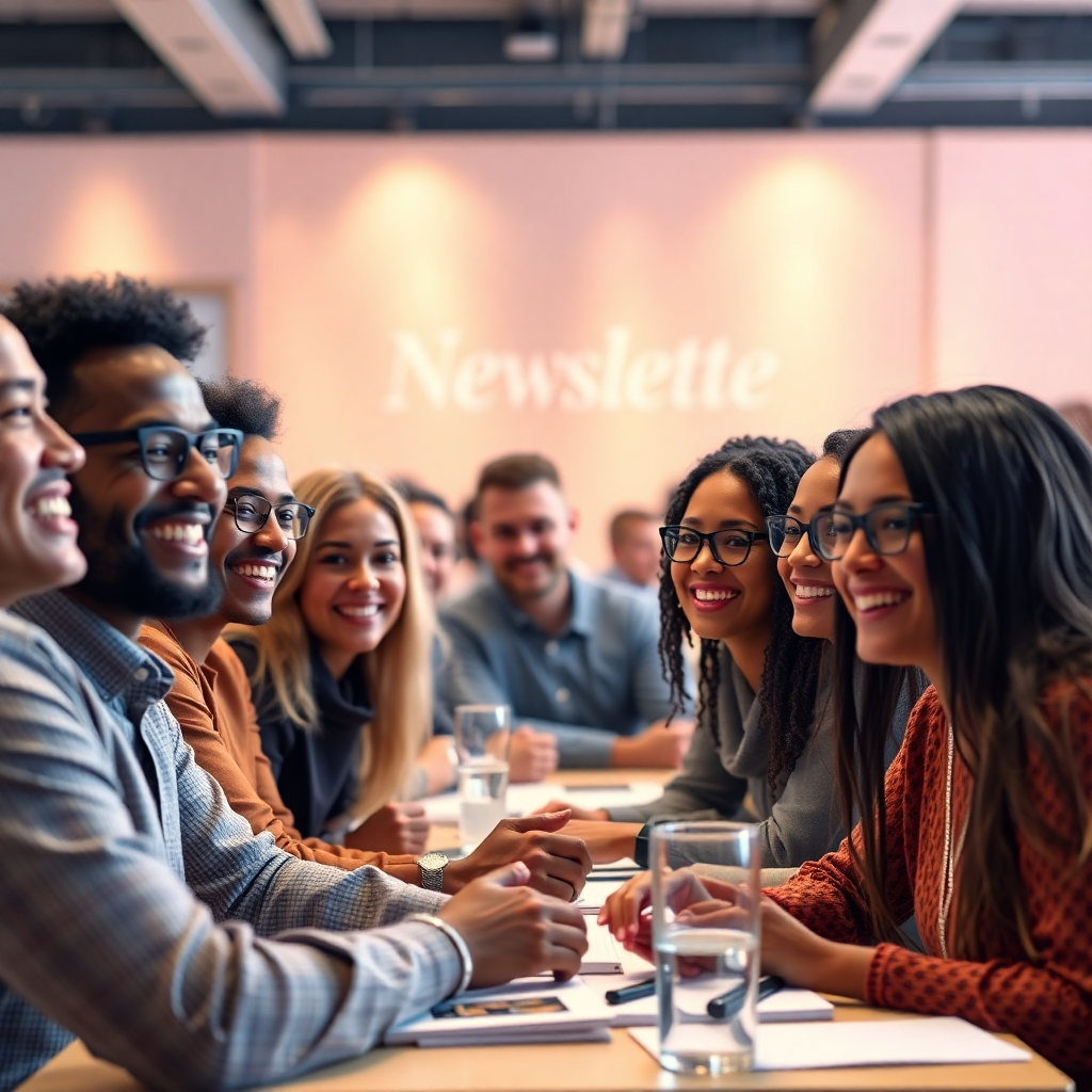  A photorealistic image depicting a diverse group of people smiling and interacting positively at a lively online forum or community event. The image should be bright and convey a sense of inclusion and connection, with subtle branding related to the newsletter in the background.