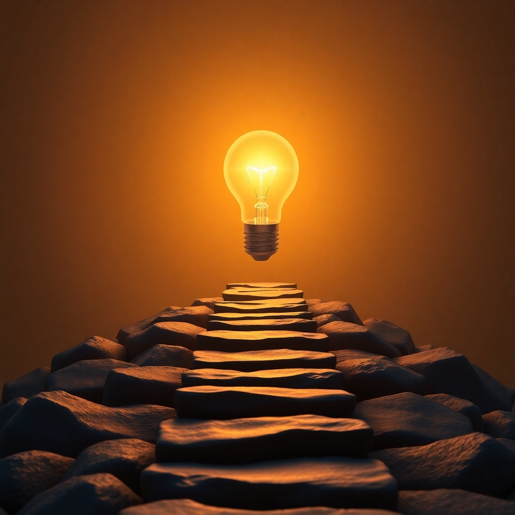  A photorealistic image of a glowing lightbulb with a pathway of stepping stones extending toward it from the viewer's perspective, representing a journey of personal growth. The path should feature icons representing various learning resources and self-improvement areas. Use a warm and inspiring color palette.