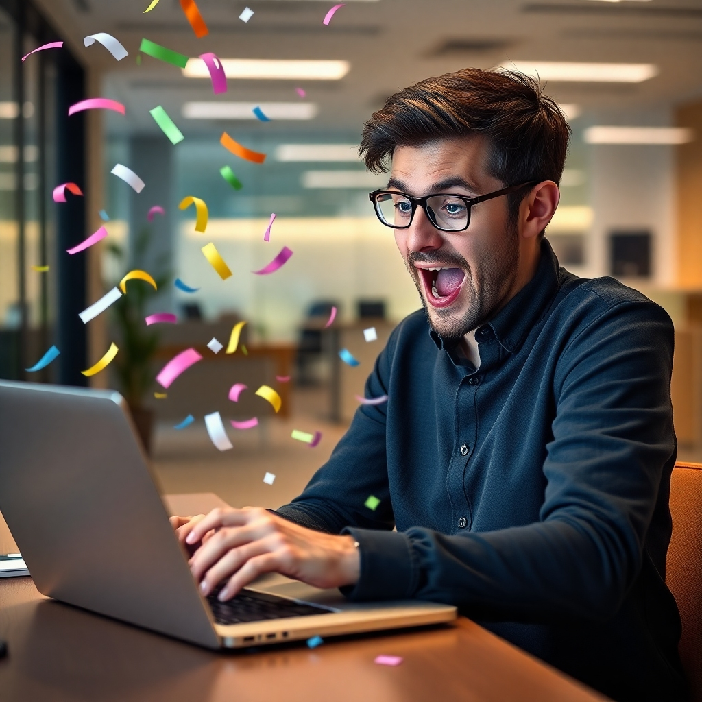  A photorealistic image of a person looking excited while reading an email on their laptop, with confetti falling around them and a header showcasing 'Exclusive Content' on the email. The background should be a modern and clean office space.