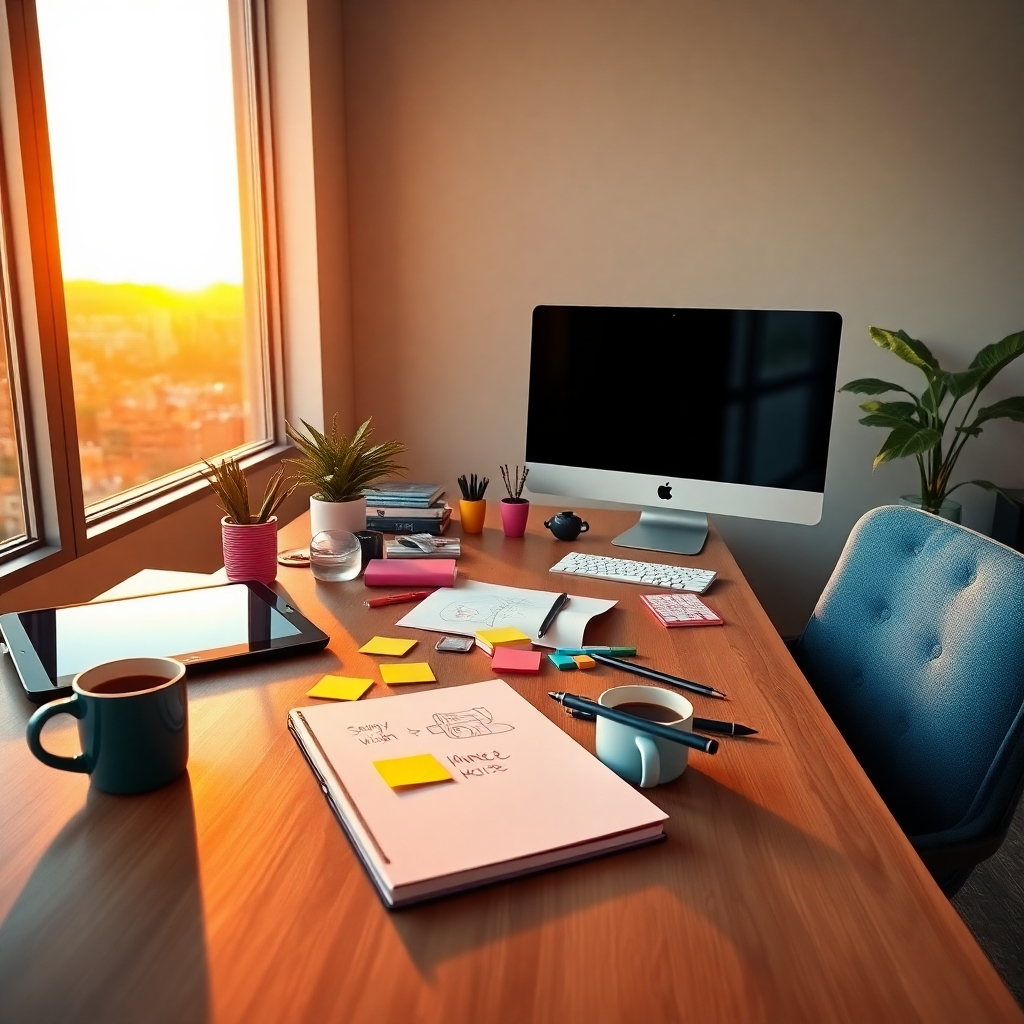 Create a photorealistic, ultra-high-definition (8K resolution) header image for a digital creator business called 'crazyspadger'.  The image should feature a vibrant, colorful workspace filled with digital art supplies.  Specifically, visualize a sleek, modern desk bathed in soft, natural light from a large window to the left. The color palette should be warm and inviting, with pops of bright, playful colors reflecting the brand's energy. Think Pantone colors like 'Living Coral', 'Bright Yellow', and 'Classic Blue' accented with muted greens and greys. The mood should be energetic, creative, and optimistic. The camera angle should be a slightly elevated three-quarter view, looking down onto the desk. Textures should be highly detailed, showcasing the smooth surfaces of a graphic tablet, the slightly rough texture of a sketchbook, the subtle grain of wooden desk, and the soft texture of a plush chair.  The desk should be cluttered in an organized way, featuring items like a high-end graphics tablet, a stylus pen, colorful sticky notes with design sketches, a stylish desktop computer, and a half-drunk cup of coffee.  In the background, subtly visible through the window, should be a cityscape at golden hour.  The overall style should evoke a sense of modern, creative energy, similar to the work of photographer Annie Leibovitz, but with a more playful and vibrant color scheme. The image should be hyperrealistic, with incredibly detailed textures, sharp focus, and realistic lighting effects.  The overall style should be clean, modern, and highly professional, reflecting the high quality of the 'crazyspadger' brand., ultra high resolution, photorealistic, 8K, hyperdetailed, cinematic lighting