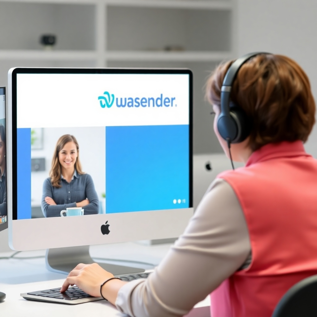 A friendly support agent assisting a user remotely on Wasender software. Show the human connection and technical support aspects.