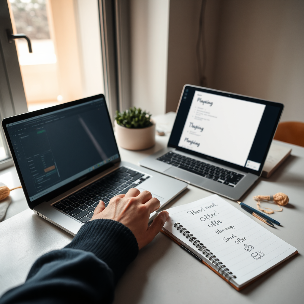 Creator planning a passion-based offer on a laptop