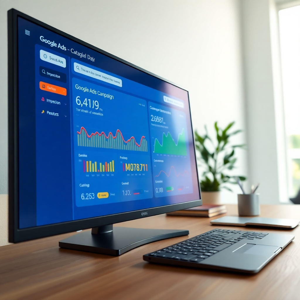 A photorealistic image (8K resolution) depicting a professional-looking dashboard interface on a large monitor displaying a successful Google Ads campaign. The lighting is soft and diffused, creating a clean and professional look.  The color palette is dominated by Google's signature colors (blue, red, yellow, green)  but in a sophisticated and muted palette, conveying a sense of professionalism and control. The camera angle is a close-up, showcasing the key metrics of the campaign, such as clicks, impressions, conversions, and cost-per-acquisition. The background shows a minimalistic, modern office environment with soft natural light. Textures include the smooth glass of the monitor, the subtle texture of the keyboard, and the sleek metallic finish of office accessories. The style should mimic a high-quality corporate stock photo, emphasizing clarity, organization, and data-driven decision-making.  The image should create a feeling of success and efficient management of the campaign. The dashboard should showcase positive, impressive key performance indicators (KPIs).  Include subtle visual details highlighting data analysis and strategy implementation.