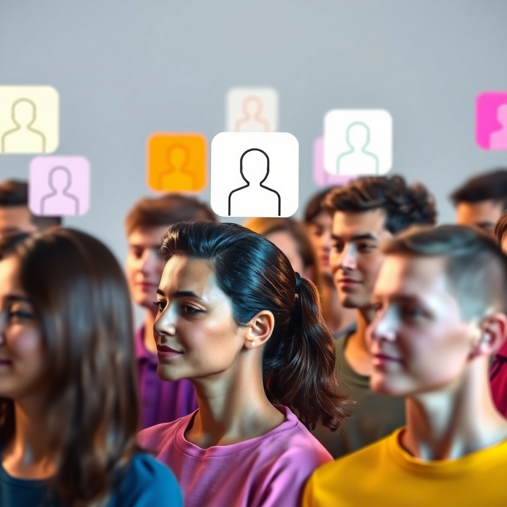 A photorealistic image depicting a diverse group of people, each with a unique profile icon above their heads. The profiles should represent different demographics and interests. The image should convey a sense of targeted marketing and personalization. The lighting should be soft and inviting, creating a sense of connection and understanding. The color palette should be vibrant and diverse, reflecting the diversity of the audience. Capture the scene from a medium-distance angle, highlighting the different profile icons and the overall sense of segmentation. Style references include demographic data visualization and stock photography. High quality.