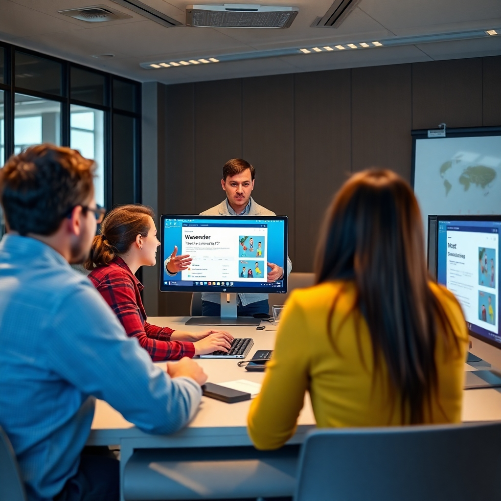 A photorealistic image depicting a trainer guiding a group of people on using Wasender software on their computers. Capture a workshop setting.
