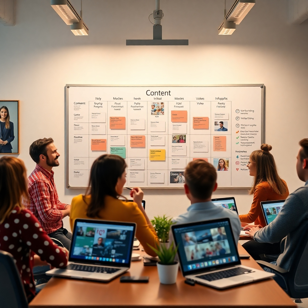 A photorealistic image depicting a content calendar on a whiteboard in a creative office, highlighting different content formats like blog posts, videos, and infographics. Show diverse team members collaborating around it,  laptop screens displaying content, and a cheerful atmosphere.