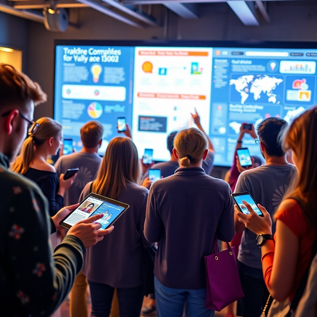 A photorealistic image depicting a diverse group of people actively engaging with various forms of digital content, such as reading blog posts on tablets, watching videos on smartphones, and interacting with infographics on a large screen. The overall scene should be vibrant and dynamic, emphasizing user engagement.