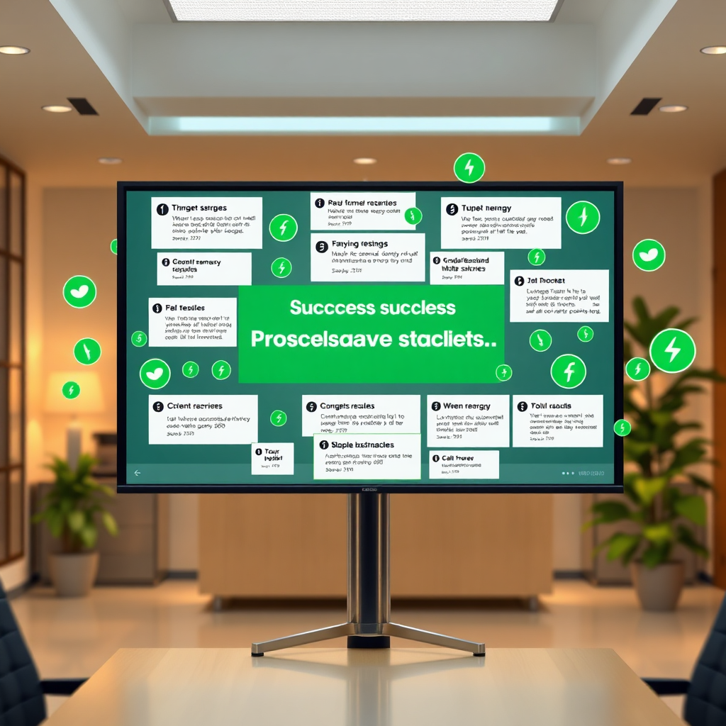 A photorealistic image of a collection of positive testimonials and success stories displayed on a screen, representing proven results. The screen is surrounded by green energy symbols. The background is a clean and professional office environment. The lighting is warm and inviting. The camera angle is a medium shot, showing the entire screen. Texture details should be crisp and clear. Style reference: customer success. Technical specs: 4K resolution, high quality rendering.