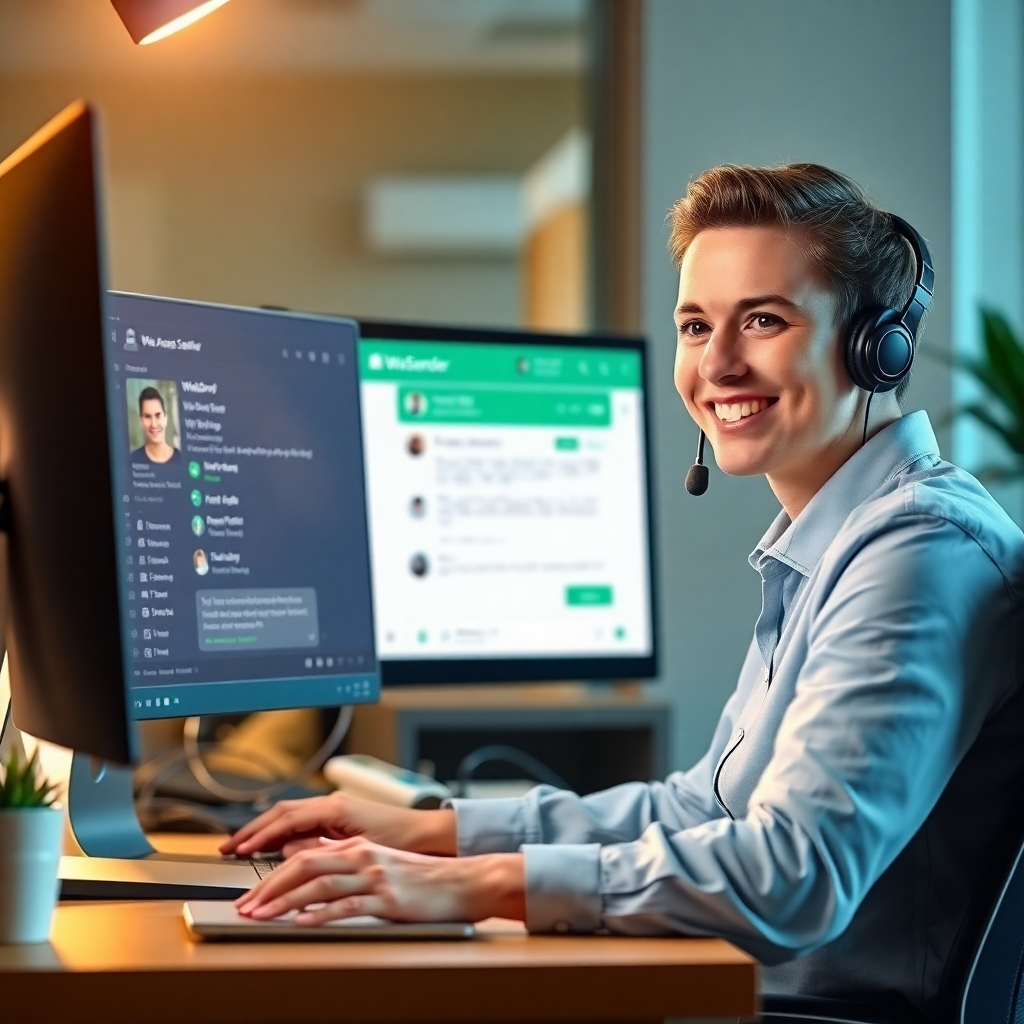 A photorealistic image of a customer service representative smiling and interacting with a customer via Whatsapp on a computer. The representative should appear friendly and helpful. The computer screen should display the WaSender software interface with automated responses. The lighting should be warm and inviting, creating a sense of trust and efficiency. The color palette should be professional and customer-focused, using shades of blue, green, and white. Capture the scene from a medium-distance angle, highlighting the interaction between the representative and the customer. Style references include customer service photography and stock photography. High quality.