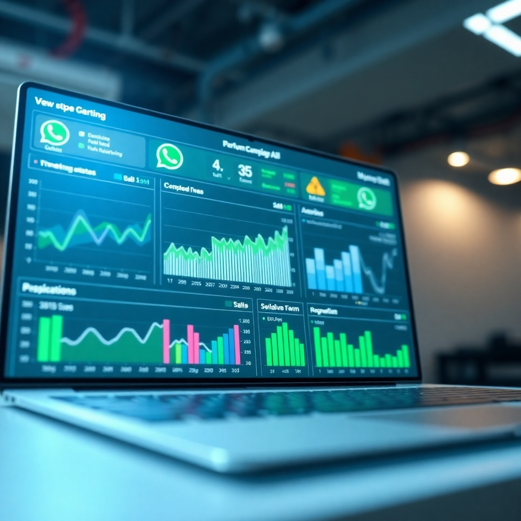 A photorealistic image of a dashboard displaying real-time data and analytics related to Whatsapp marketing campaigns. The dashboard should feature charts, graphs, and key performance indicators (KPIs). The image should convey a sense of data-driven decision-making and performance tracking. The lighting should be bright and professional, creating a sense of transparency and accountability. The color palette should be modern and tech-focused, using shades of blue, green, and gray. Capture the scene from a slightly elevated angle, emphasizing the clarity and detail of the dashboard. Style references include data visualization dashboards and stock photography. High quality.