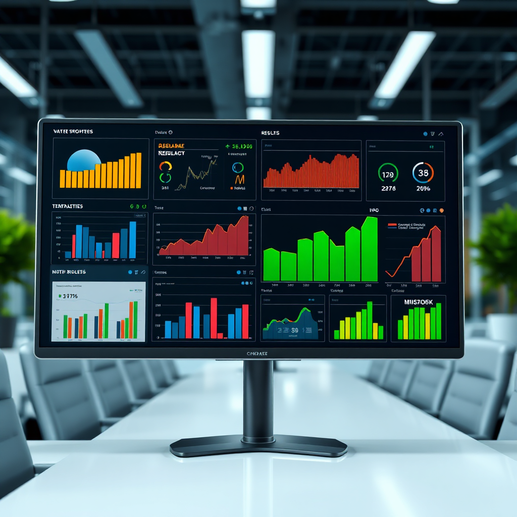 A photorealistic image of a dashboard displaying various data charts and graphs. The charts show upward trends and positive results. The background is a clean and professional office environment. The lighting is bright and focused on the screen. The camera angle is a medium shot, showing the entire dashboard. Texture details should be crisp and clear. Style reference: data visualization. Technical specs: 4K resolution, high quality rendering.