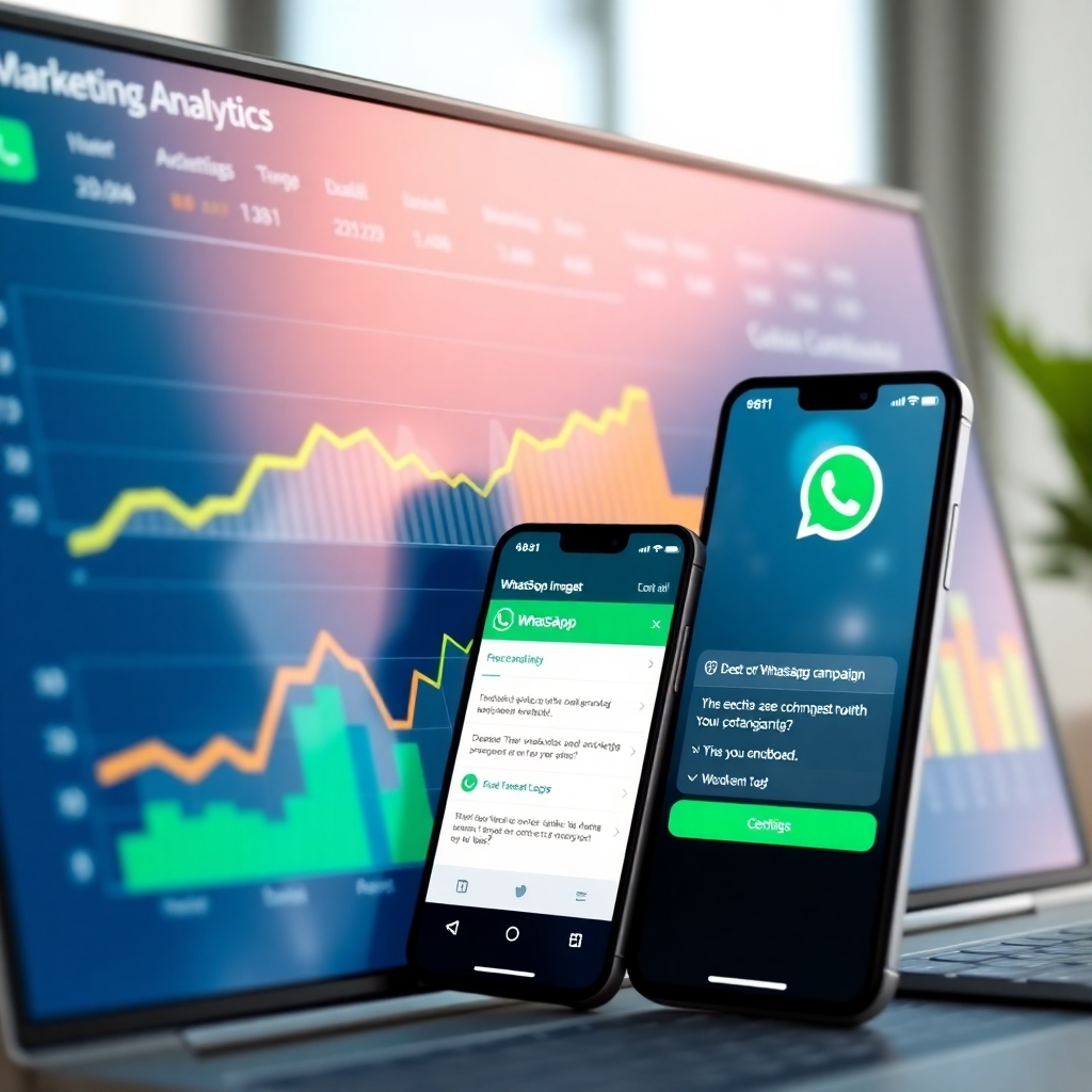 A photorealistic image of a dashboard displaying marketing analytics, with a focus on WhatsApp campaign performance. Charts and graphs show a significant upward trend, indicating positive results. A smartphone is placed next to the dashboard, displaying a WhatsApp conversation with enthusiastic customer feedback. The lighting should be bright and professional, creating a sense of accomplishment. Camera angle: slightly angled, showcasing both the dashboard and the smartphone. Style: clean and modern, with a focus on data visualization. Colors: predominantly blue and green, with highlights of yellow and orange to emphasize positive trends.