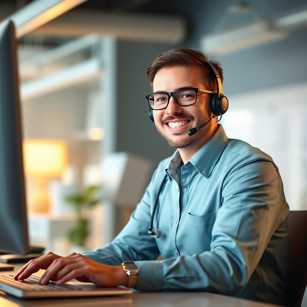 A photorealistic image of a friendly and helpful support technician assisting a customer remotely via video call. The technician should be smiling and engaged, providing clear and concise instructions. The background should feature a professional office environment. The lighting should be warm and inviting, creating a sense of trust and reliability. The color palette should be professional and supportive, using shades of blue, green, and white. Capture the scene from a medium-distance angle, highlighting the interaction between the technician and the customer. Style references include customer support photography and stock photography. High quality.