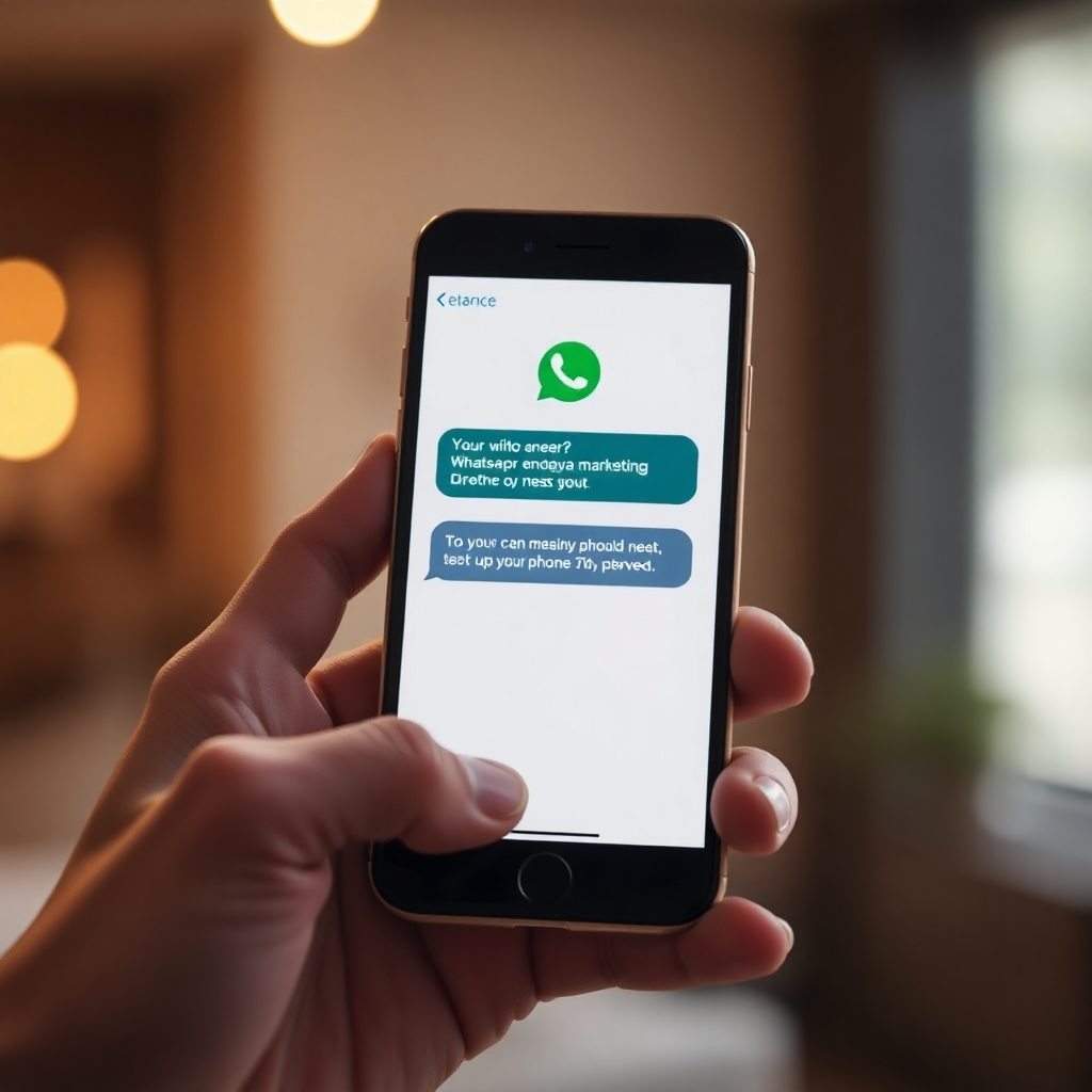 A photorealistic image of a hand holding a smartphone, with a WhatsApp message being sent directly to another phone. The message is personalized and relevant to the recipient. The background should be blurred, focusing on the direct connection between the two phones. The lighting should be warm and inviting, creating a sense of personal communication. Camera angle: close-up shot, emphasizing the smartphone and the message being sent. Style: simple and direct, conveying the idea of personalized marketing. Colors: natural and warm, reflecting human interaction.