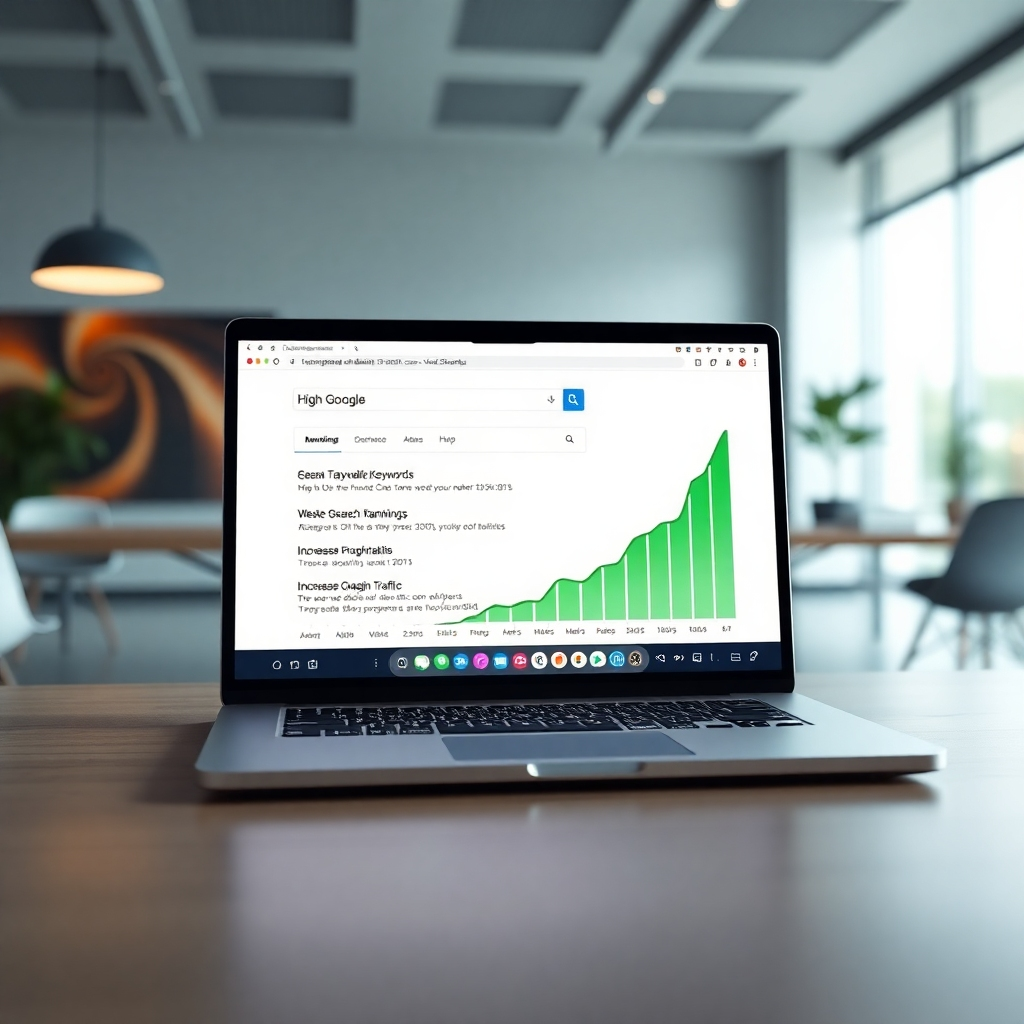 A photorealistic image of a laptop displaying a website with high search rankings on Google, showing keywords highlighted in green and an upward trending graph illustrating increased organic traffic. The background should be a modern, minimalist office space.