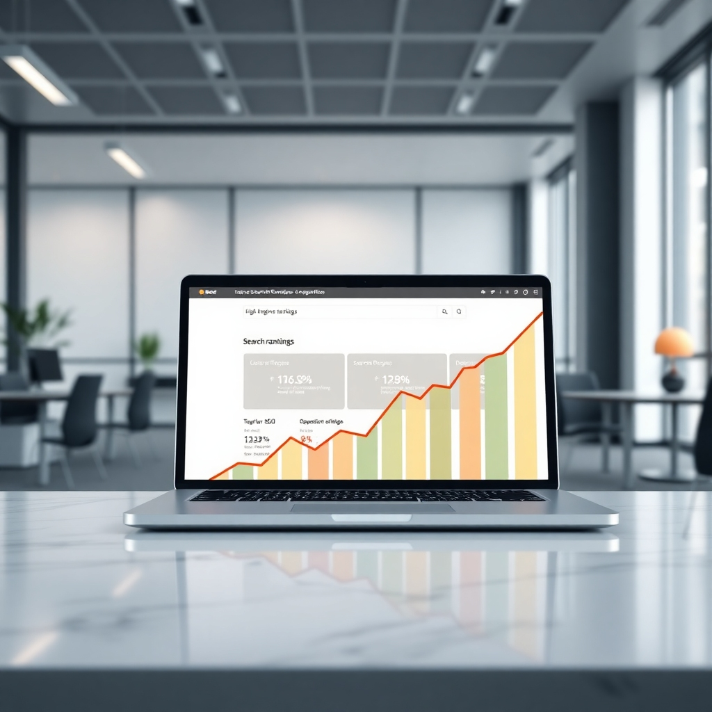 A photorealistic image of a laptop displaying a website with high search engine rankings, overlaid with upward-trending graphs and keywords related to SEO optimization. The background should be a modern, minimalist office setting.