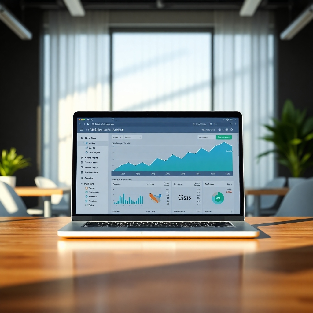 A photorealistic image of a laptop displaying a website analytics dashboard showing high search engine rankings for relevant keywords, with a graph trending upwards and positive numbers. The background should be a modern, minimalist office setting with natural light.