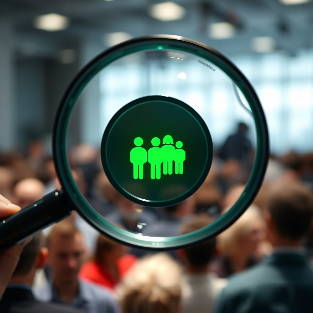 A photorealistic image of a magnifying glass hovering over a crowd of people, focusing on a select few. The targeted people are highlighted in green. The background is blurred, emphasizing the focus. The lighting is bright and professional. The camera angle is a slightly elevated perspective. Texture details should be realistic and detailed. Style reference: precision targeting. Technical specs: 4K resolution, high quality rendering.