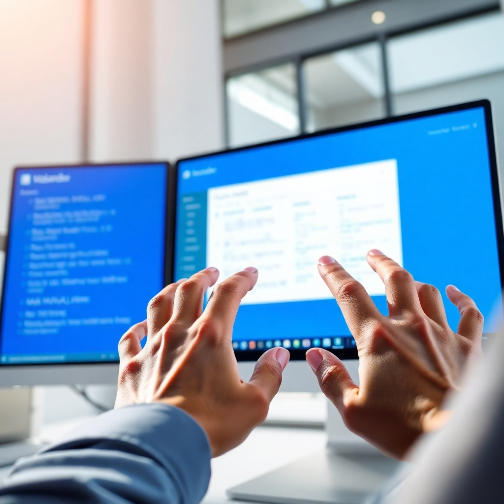 A photorealistic image of a person's hands interacting with the WaSender software interface on a Windows computer. The focus should be on the user-friendly design and intuitive navigation of the software. The lighting should be bright and clear, creating a sense of accessibility and ease of use. The color palette should be modern and clean, using shades of blue, white, and gray. Capture the scene from a close-up angle, emphasizing the details of the software interface and the person's interaction. Style references include UI/UX design showcases and stock photography. High quality.