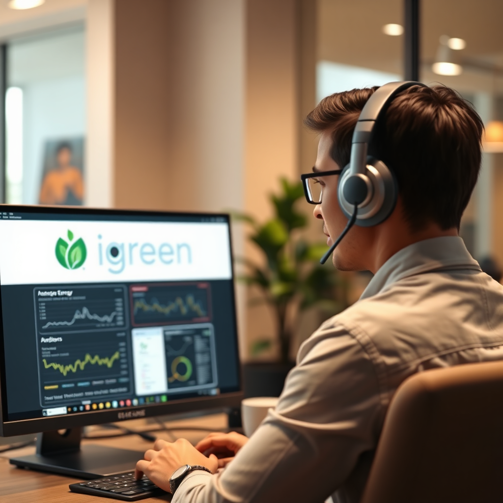 A photorealistic image of a person wearing a headset, providing support to a client via a computer. The screen displays the Igreen Energy logo and data analytics. The environment is a modern and comfortable office space. The lighting is warm and inviting. The camera angle is a medium shot, focusing on the interaction. Texture details should be realistic and detailed. Style reference: professional service. Technical specs: 4K resolution, high quality rendering.