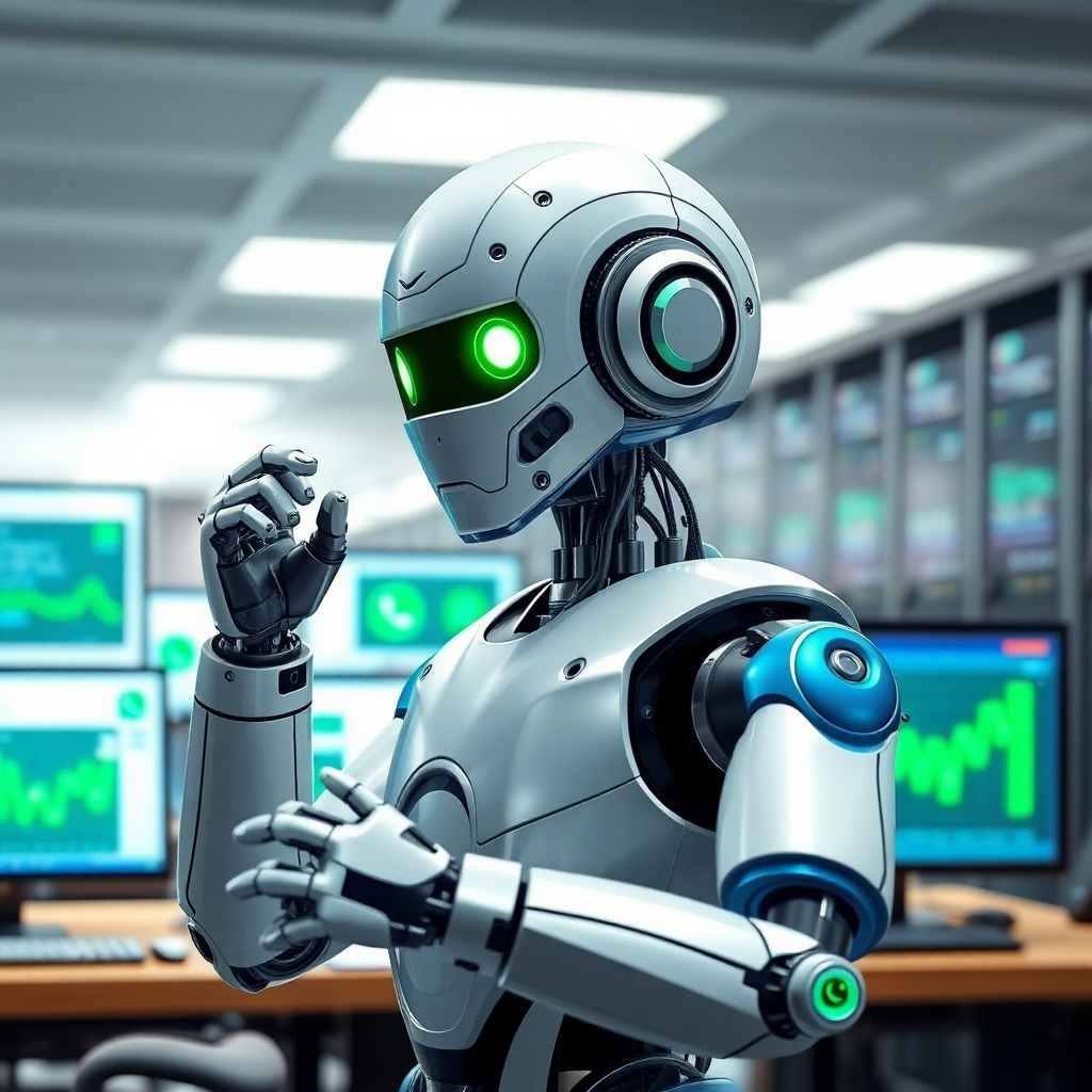 A photorealistic image of a robot automating WhatsApp marketing campaigns. The robot is efficiently sending messages, extracting contacts, and analyzing data. The background should be a modern office setting, with computers and servers humming with activity. The style should be futuristic and efficient, conveying the idea of powerful automation. Camera angle: slightly angled, showcasing the robot's capabilities. Colors: predominantly blue and silver, with highlights of green to emphasize automation. Props: a dashboard displaying automated marketing metrics in the background.