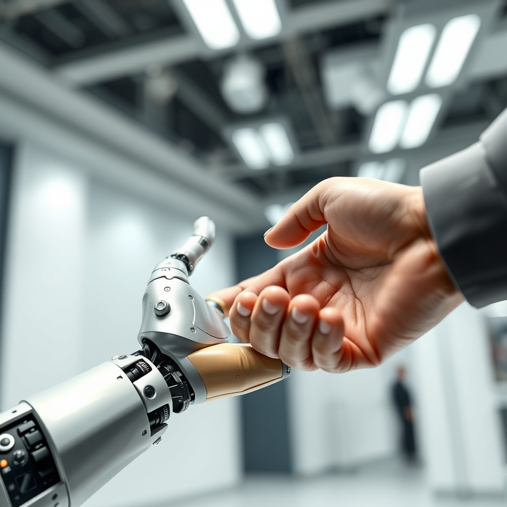A photorealistic image of a robot arm reaching out to shake hands with a human hand, symbolizing automation and efficiency. The robot arm is metallic and modern, while the human hand is welcoming. The background is a clean and tech-focused environment. The lighting is bright and professional. The camera angle is a close-up, focusing on the handshake. Texture details should be realistic and detailed. Style reference: modern technology. Technical specs: 4K resolution, high quality rendering.