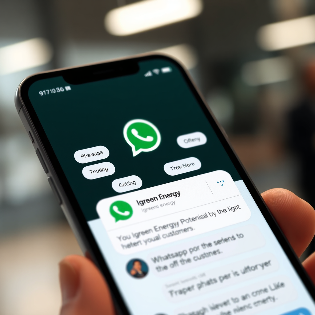 A photorealistic image of a smartphone displaying the WhatsApp interface, with the Igreen Energy logo prominently featured in a chat window. Multiple chat bubbles are popping up, indicating incoming messages from potential customers. The background is blurred, suggesting a fast-paced environment. The lighting is soft and professional. The camera angle is a close-up, focusing on the screen. Texture details should be crisp and clear. The environment is modern and tech-focused. Style reference: modern mobile UI. Technical specs: 4K resolution, high quality rendering.