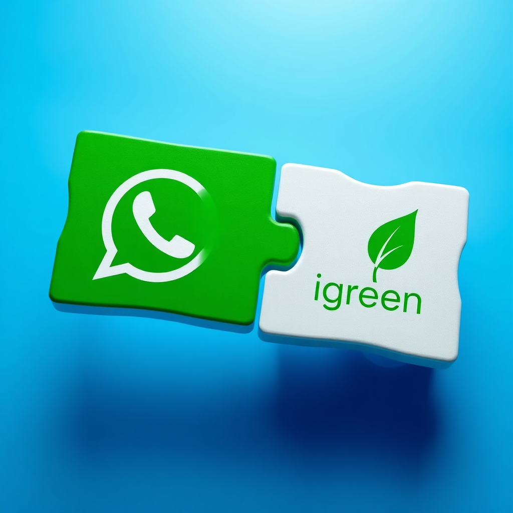 A photorealistic image of two puzzle pieces fitting together perfectly, representing seamless integration. One piece has the WhatsApp logo, and the other has the Igreen Energy logo. The background is a clean and professional blue. The lighting is bright and focused. The camera angle is a close-up, focusing on the puzzle pieces. Texture details should be smooth and modern. Style reference: technology integration. Technical specs: 4K resolution, high quality rendering.