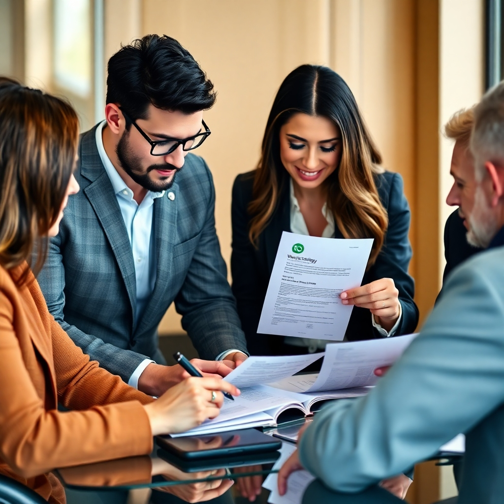 A photorealistic image showing business people in a meeting, reviewing Whatsapp marketing strategy documents. Focus on teamwork and strategizing.