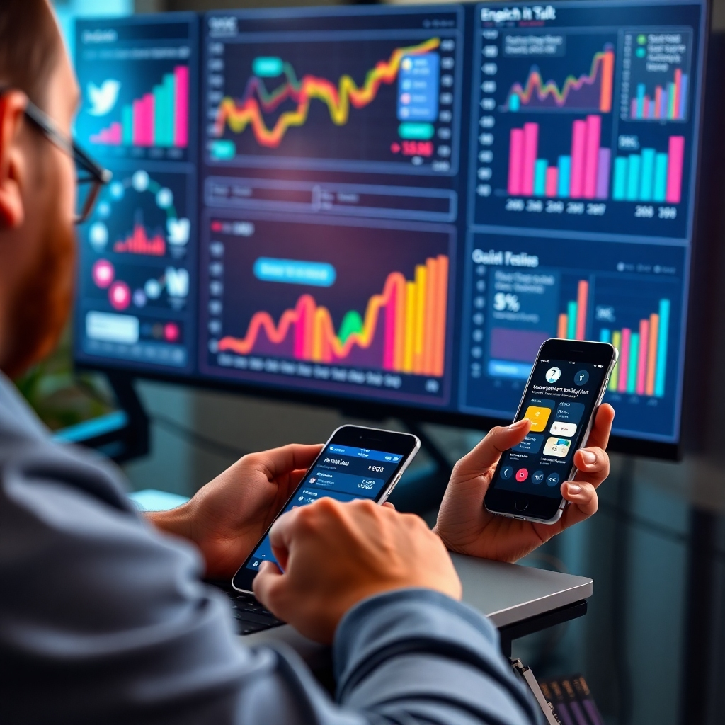 A photorealistic image showing a person skillfully using multiple social media platforms simultaneously on their laptop and mobile phone;  colorful charts and graphs depicting engagement metrics and positive social media analytics are subtly visible in the background, showcasing a high level of user interaction and brand awareness.