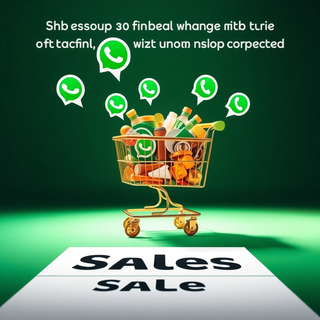 A photorealistic image showing a shopping cart overflowing with products being pushed towards a finish line labeled 'Sales'. WhatsApp message bubbles are leading the way, symbolizing the effectiveness of WhatsApp marketing in driving conversions. The lighting is bright and celebratory, emphasizing the success of the campaigns. The camera angle is dynamic, capturing the momentum of the shopping cart. The style is professional and results-oriented. Colors: green and gold dominate, representing growth and success.