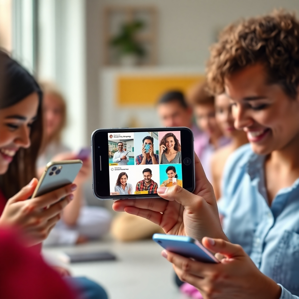 A photorealistic image showing a phone displaying various engaging social media ads showcasing different products or services.  The background should show various people of different ages and backgrounds using their smartphones happily, with a vibrant color scheme showing a positive response to advertising.
