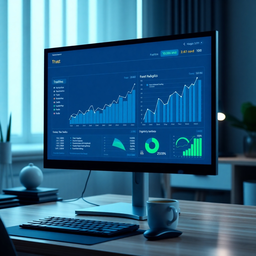 A photorealistic, ultra-high definition image (8K resolution) depicting a clean, modern website interface on a large monitor. Soft, diffused lighting illuminates the screen, showcasing detailed analytics charts and graphs indicating a significant increase in website traffic and organic search rankings. The color palette is predominantly cool blues and greens, conveying a sense of trust and professionalism. The camera angle is slightly elevated, looking down at the monitor from a position slightly to the side.  The background includes elements of a modern and organized workspace with minimalistic decor. Textures and materials include the smooth glass of the monitor screen and the slightly textured wood of a nearby desk. The image should be in the style of a high-end technology advertisement photography, focusing on clarity and precision.  Props could include a wireless keyboard, mouse, and a steaming cup of coffee subtly positioned in the background. The overall mood is one of calm confidence and success.