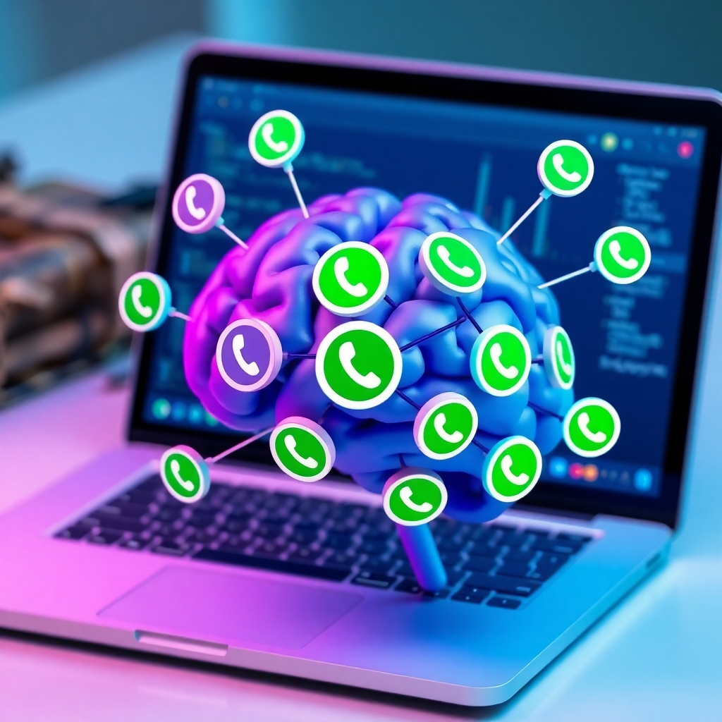 A stylized image depicting a brain organizing contacts into different categories based on their interests and demographics. The brain is represented as a network of connections, with WhatsApp icons symbolizing communication channels. The style should be clean and modern, conveying the idea of intelligent segmentation. Camera angle: overhead shot, showcasing the brain's organization. Colors: predominantly blue and purple, with highlights of green to emphasize the different categories. Props: a laptop displaying a customer relationship management (CRM) system in the background, subtly blurred.