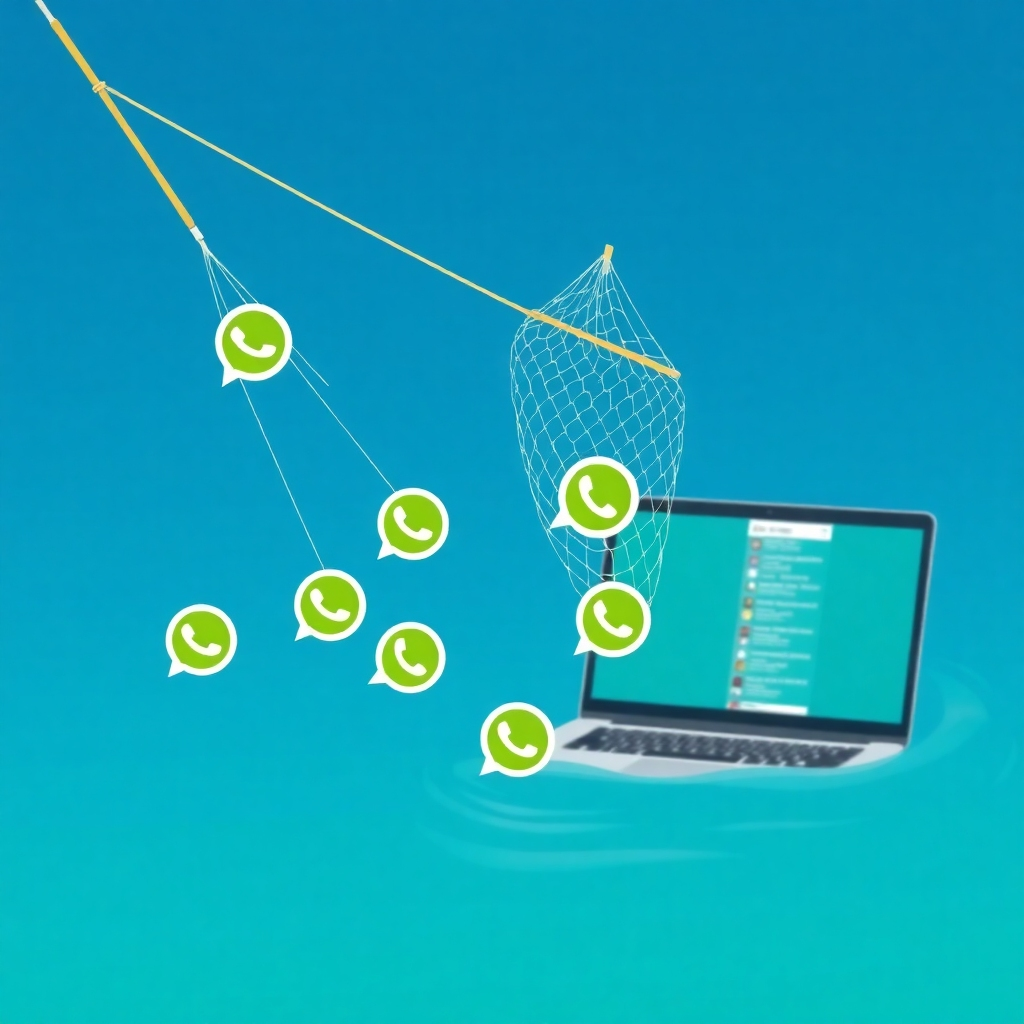 A stylized image depicting a fishing net cast into a sea of WhatsApp group icons. The net is selectively capturing specific group icons, representing the extraction of targeted contacts. The sea is calm and blue, with gentle sunlight filtering through. The style should be clean and professional, conveying the idea of precise targeting. Camera angle: overhead shot, showing the net in action. Colors: predominantly blue and green, with highlights of yellow to emphasize the captured group icons. Props: a laptop displaying a contact list in the background, subtly blurred.
