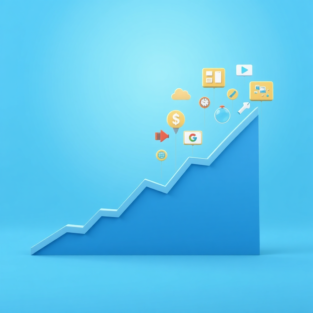 A stylized image depicting a graph with an upward trajectory, representing campaign success. Overlaying the graph are various icons representing digital marketing tools and strategies. The background is a clean and professional blue. The lighting is bright and optimistic. The camera angle is a slightly elevated perspective. Texture details should be smooth and modern. Style reference: infographic aesthetics. Technical specs: 4K resolution, high quality rendering.