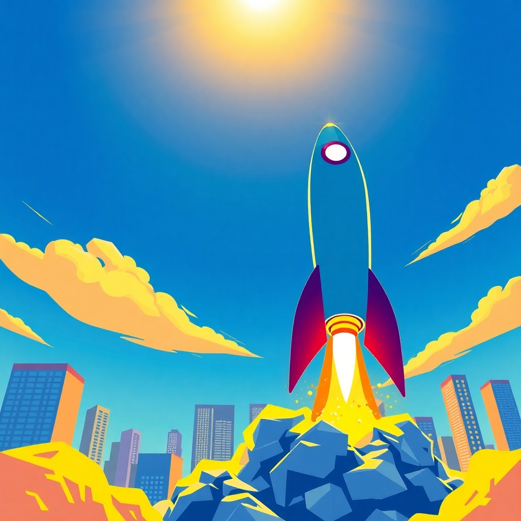 A stylized image depicting a rocket launching into the sky, symbolizing business growth and success. The rocket should be sleek and modern, representing the power and efficiency of the WaSender software. The background should feature a vibrant cityscape. The lighting should be dynamic and energetic, creating a sense of excitement and achievement. The color palette should be bold and optimistic, using shades of blue, orange, and yellow. Capture the scene from a low angle, emphasizing the height and power of the rocket. Style references include inspirational imagery and business growth illustrations. High quality.