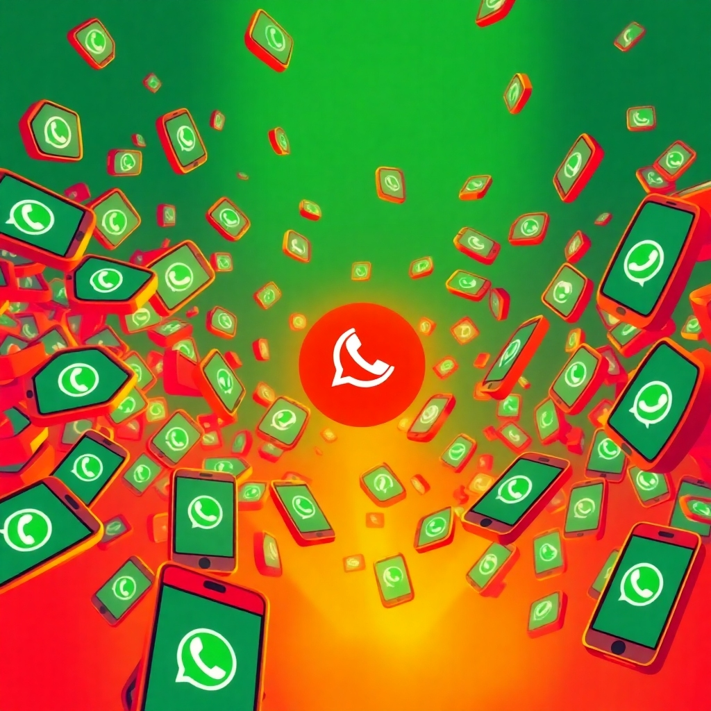 A stylized image depicting a swarm of smartphones, each displaying a Whatsapp message, flying towards a central target. The image should convey a sense of mass communication and reach. The lighting should be dynamic and energetic, creating a sense of impact and momentum. The color palette should be bold and vibrant, using shades of red, orange, and yellow. Capture the scene from a low angle, emphasizing the scale and power of the message delivery. Style references include abstract digital art and infographic design. High quality.