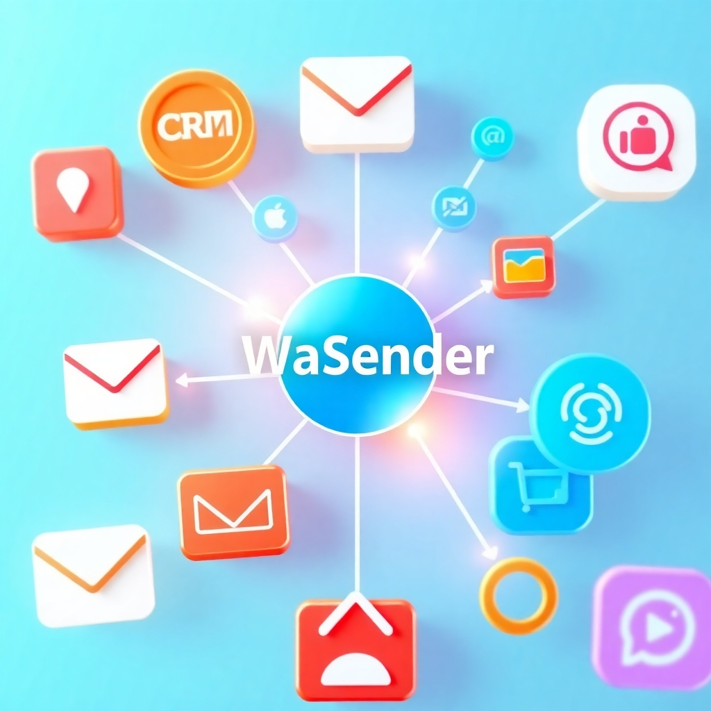 A stylized image depicting different software icons (e.g., CRM, email marketing, e-commerce) seamlessly connected to the WaSender icon in the center. The image should convey a sense of integration and connectivity. The lighting should be bright and dynamic, creating a sense of synergy and efficiency. The color palette should be diverse and harmonious, reflecting the different software platforms. Capture the scene from a top-down angle, emphasizing the interconnectedness of the different tools. Style references include infographic design and software integration diagrams. High quality.