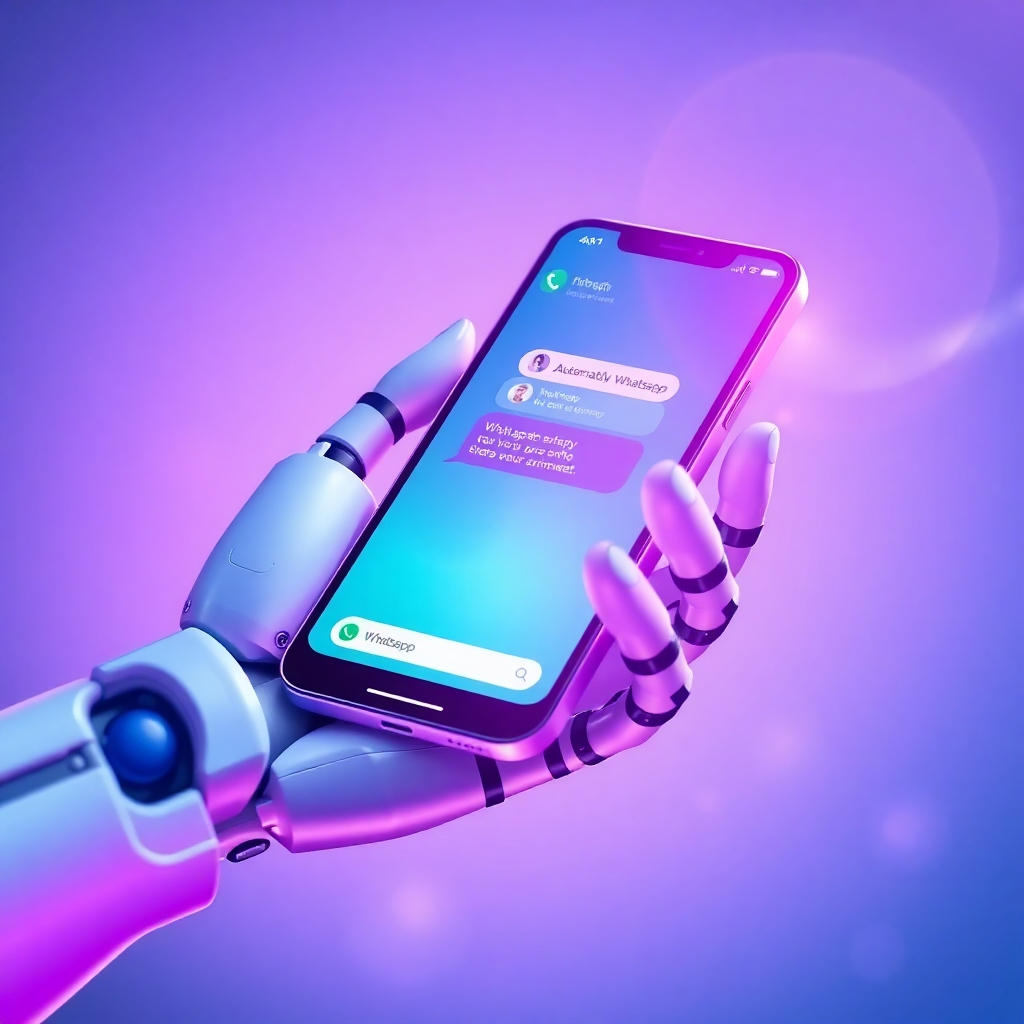 A stylized image featuring a robot hand interacting with a smartphone displaying the Whatsapp interface. The robot hand should be sleek and modern, representing automation and efficiency. The smartphone screen should display a visually appealing Whatsapp conversation with automated messages. The lighting should be bright and dynamic, creating a sense of innovation and technological advancement. The color palette should be modern and tech-focused, using shades of blue, purple, and white. Capture the scene from a close-up angle, emphasizing the interaction between the robot hand and the smartphone. Style references include abstract digital art and minimalist design. High quality.