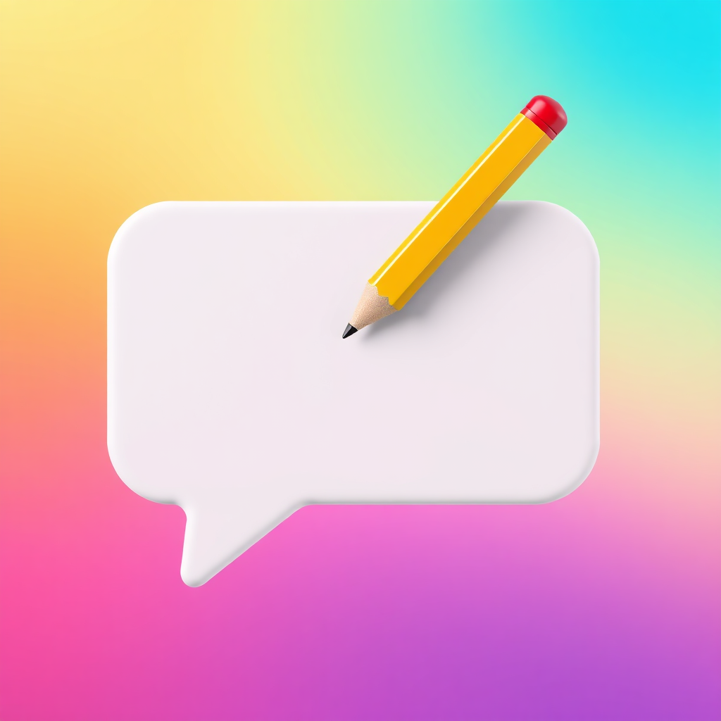 A stylized image of a blank chat bubble with a pencil hovering over it, symbolizing the creation of personalized messages. The background is a vibrant and colorful gradient. The lighting is bright and inviting. The camera angle is a close-up, focusing on the chat bubble and pencil. Texture details should be smooth and modern. Style reference: creative design. Technical specs: 4K resolution, high quality rendering.