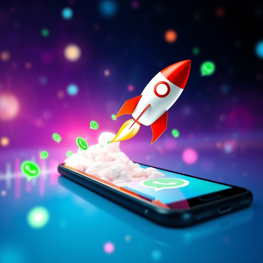 A stylized image of a rocket launching from a smartphone screen, representing the rapid growth and success of a WhatsApp campaign. The rocket is leaving a trail of green energy symbols. The background is a vibrant and colorful space scene. The lighting is bright and dynamic. The camera angle is a low-angle perspective, emphasizing the power and momentum. Texture details should be smooth and modern. Style reference: technology innovation. Technical specs: 4K resolution, high quality rendering.