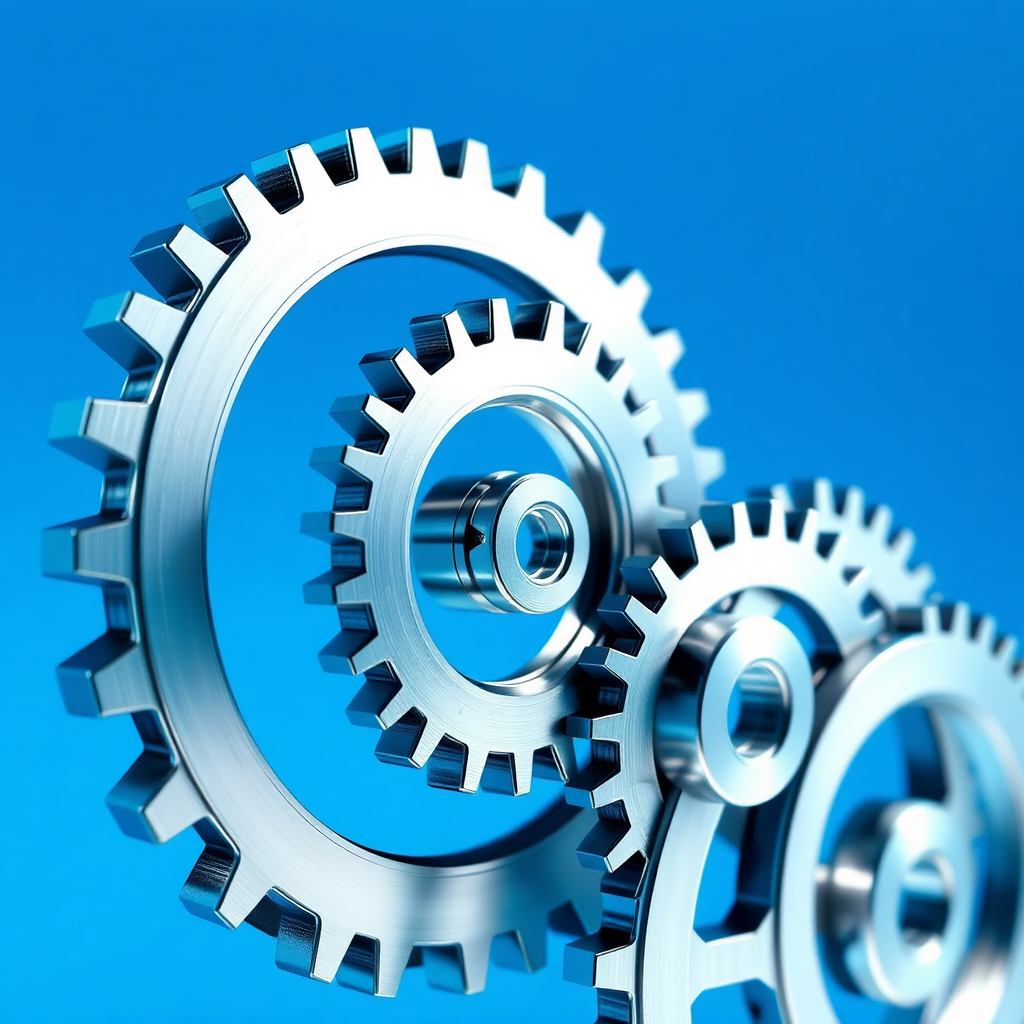 A stylized image of a series of gears interlocking and spinning, representing the automation of marketing processes. The gears are metallic and modern. The background is a clean and professional blue. The lighting is bright and focused. The camera angle is a close-up, emphasizing the mechanics. Texture details should be smooth and modern. Style reference: technology efficiency. Technical specs: 4K resolution, high quality rendering.