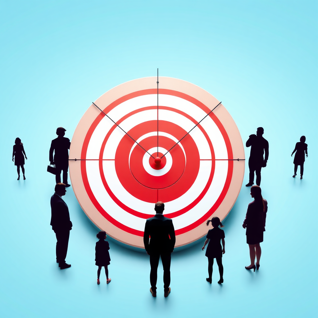 A stylized image of a target with a bullseye, surrounded by diverse silhouettes of people. Lines connect the silhouettes to the target, indicating precise targeting. The background is a clean and professional blue. The lighting is bright and focused. The camera angle is a top-down perspective. Texture details should be smooth and modern. Style reference: infographic aesthetics. Technical specs: 4K resolution, high quality rendering.