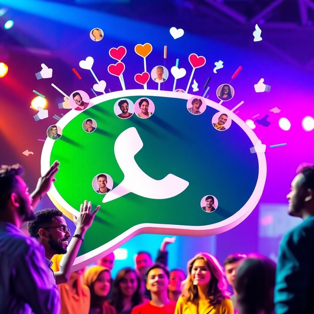 A vibrant and stylized image of a conversation bubble exploding with likes, comments, and shares, all within a WhatsApp interface. People from diverse backgrounds are depicted reacting positively to the content. The lighting is dynamic and colorful, reflecting the excitement of engagement. The camera angle is a medium shot, capturing the energy of the scene. The style is energetic and modern, showcasing the power of WhatsApp for engagement. Colors: bright and varied, representing the diverse reactions.
