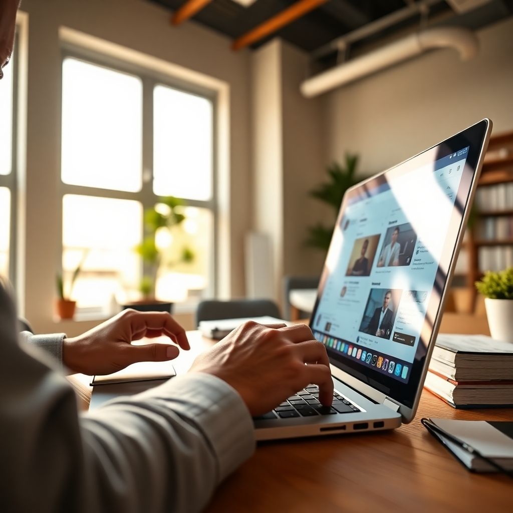 An ultra-detailed, hyperrealistic image (8K resolution) depicting a person expertly managing multiple social media accounts on a laptop. The scene is set in a brightly lit, modern office with large windows providing soft natural light. The color palette is warm and inviting, with pops of vibrant color from the various social media platforms displayed on the screen. The camera angle is over-the-shoulder, looking at the person’s hands actively engaging with the laptop keyboard and mouse, providing a sense of immediacy. The image should have a shallow depth of field, focusing sharply on the laptop screen and the hands. Textures and materials include the smooth surface of the laptop, the subtle texture of the keyboard keys, and the slightly rough texture of the desk. The environment includes office plants, books, and neatly arranged documents suggesting organization and professionalism. The image style should emulate a high-end corporate stock photo, conveying professionalism and efficiency. The person's expression should communicate competence and focus.  The laptop screen should show engaging content, like posts with high engagement metrics.