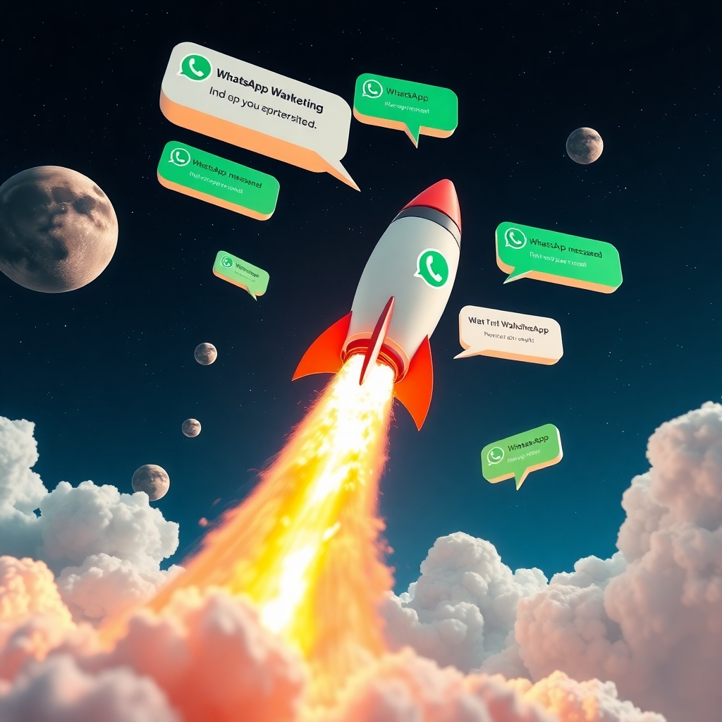 Create a photorealistic image showcasing a rocket launching, but instead of fire, it's propelled by a stream of WhatsApp message bubbles. The rocket is ascending rapidly against a backdrop of stars and planets, symbolizing explosive growth. The message bubbles should be diverse in color and content, representing different types of marketing messages. The style should be vibrant and dynamic, with a focus on conveying speed and impact. Camera angle: low angle, looking up at the rocket's ascent. Lighting: bright and dramatic, highlighting the rocket and the message bubbles.