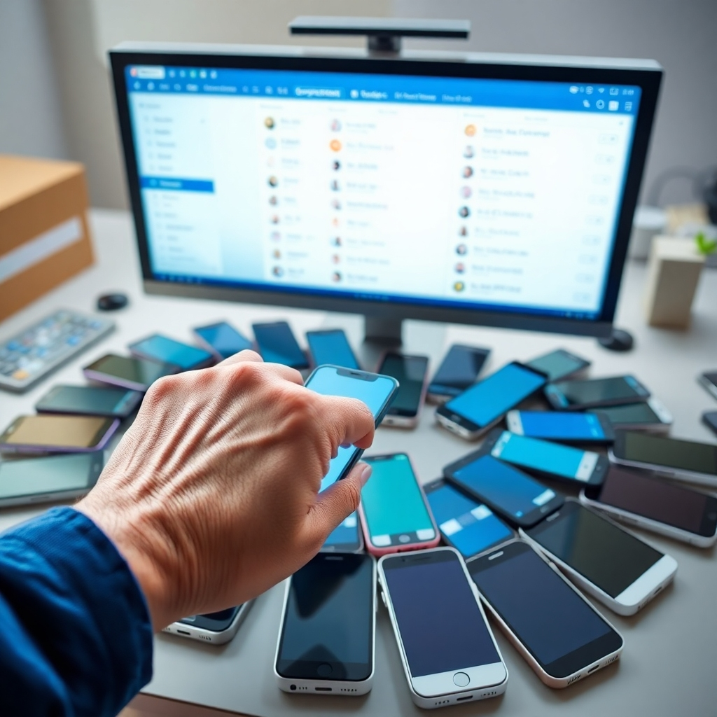 Create a photorealistic image of a hand using a tool to extract contacts from a group chat represented by many smartphones forming a circle. The extraction process is clean and efficient, with contacts being added to a larger list on a computer screen in the background. The lighting is bright and focused, emphasizing the extraction process. The camera angle is close-up, showing the hand and the smartphones clearly. The style is professional and modern, highlighting the ease and speed of the contact extraction. Colors: blue, green, and white dominate the scene.