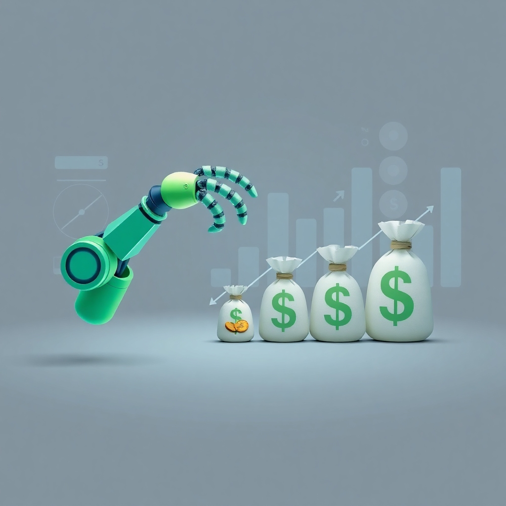 Create a stylized image representing cost reduction through AI automation. The scene should feature a stylized robotic arm efficiently handling multiple tasks simultaneously, while money bags or coins visually decrease in size. The color palette should utilize greens and blues to represent efficiency and savings, contrasted by muted greys to highlight reduced expenses. Lighting should be focused and purposeful, emphasizing the precision of the automated processes. The background should feature abstract data visualizations illustrating optimized workflows. Render in high quality, with clean lines and a minimalist design aesthetic.