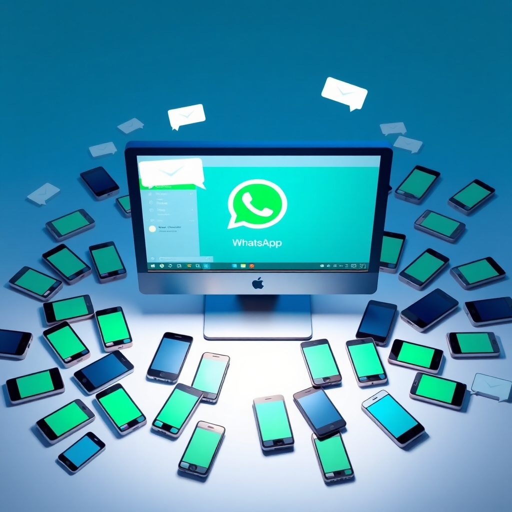 Create an image representing the concept of mass messaging. It should feature a central computer screen displaying a WhatsApp interface with messages being sent to numerous smartphones scattered around it. The smartphones are diverse and represent different users. The computer screen is brightly lit, highlighting the mass sending process. The overall style should be modern and efficient. Camera angle: a top-down view to show the distribution of messages. Colors: blues and greens to convey communication and efficiency.